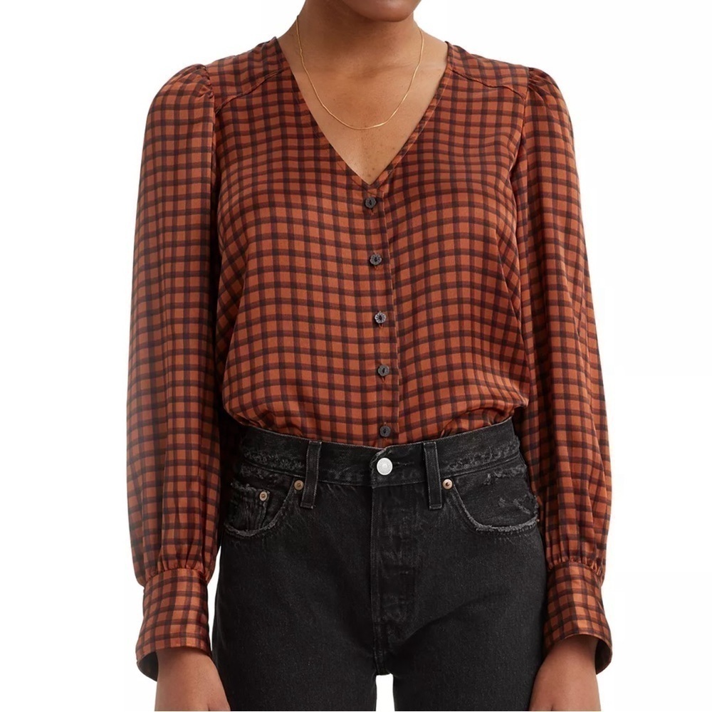 Levi’s relaxed fit puff sleeve blouse. Burnt orange and black, women’s size XS